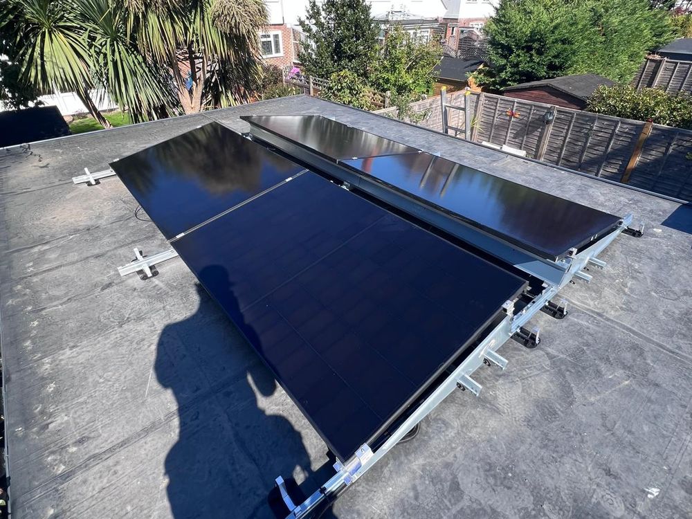 Solar panels on a flat roof on Van der Valk frames, installed by Solent Solar
